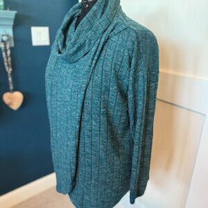 Green turtleneck, wrap sweater